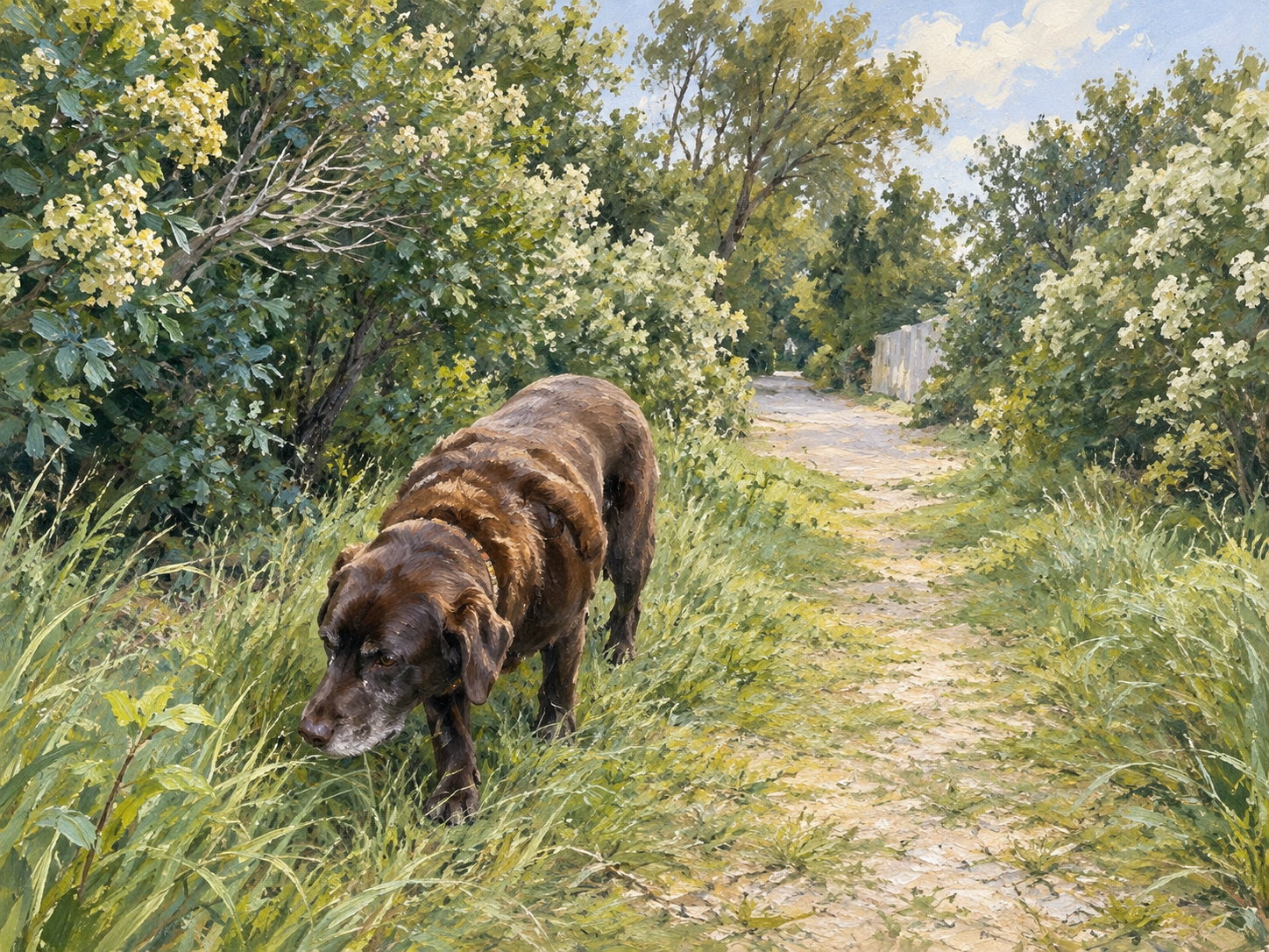 A dog exploring on a neighborhood walk