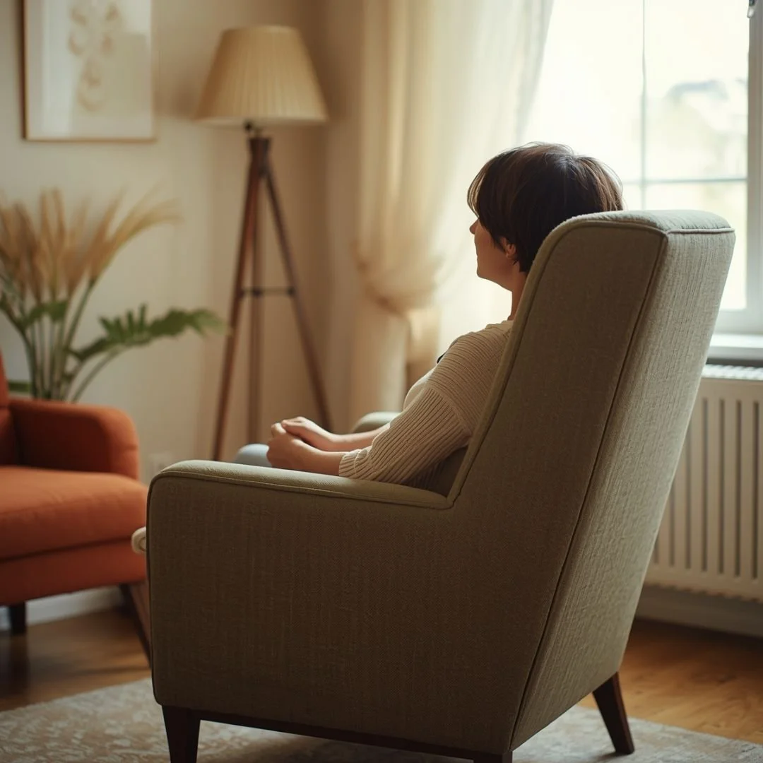 A person sitting quietly in a therapy chair by a window, representing individual therapy services at The Resiliency Center of Idaho in Boise and Nampa.