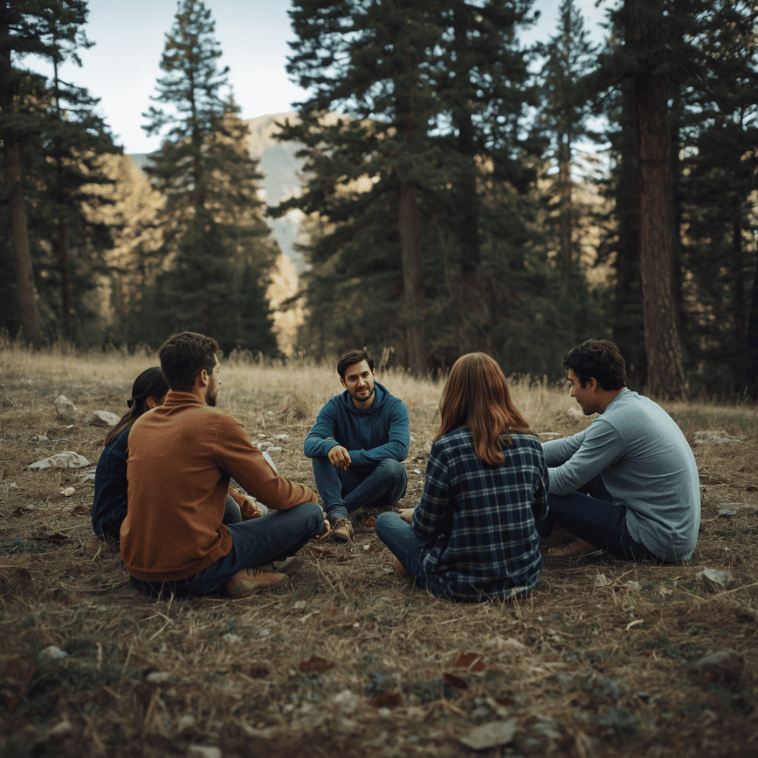 A group of people sitting in a circle outdoors in the Idaho mountains representing therapy groups and healing retreats at The Resiliency Center of Idaho.