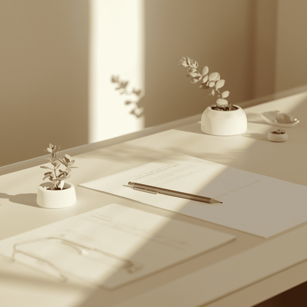 A calm, minimal desk with plants and paperwork representing autism and ADHD evaluation services at The Resiliency Center of Idaho.