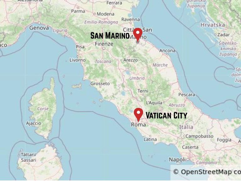 Map showing San Marino and Vatican City surrounded by Italy