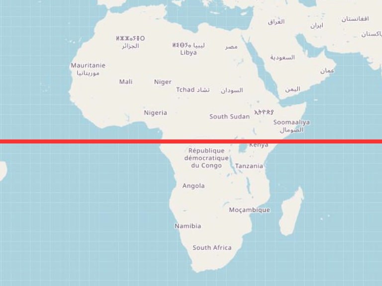 Map of Africa showing the Equator and the land area north and south of it