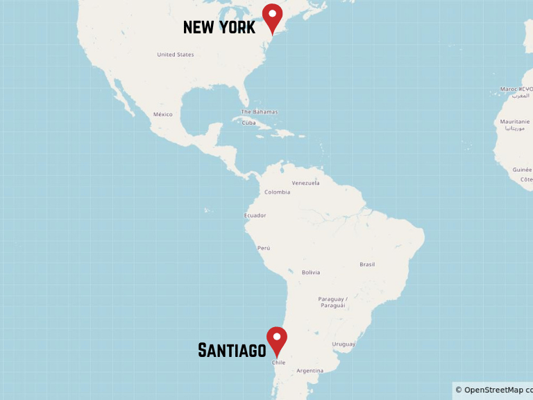 Map comparing the longitudes of New York City and Santiago, Chile