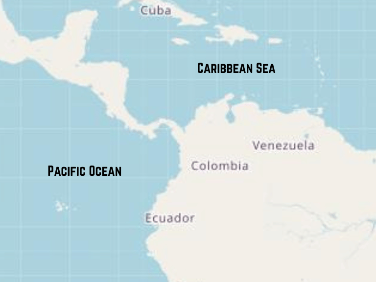 Map showing Colombia's coastlines on the Caribbean Sea and Pacific Ocean