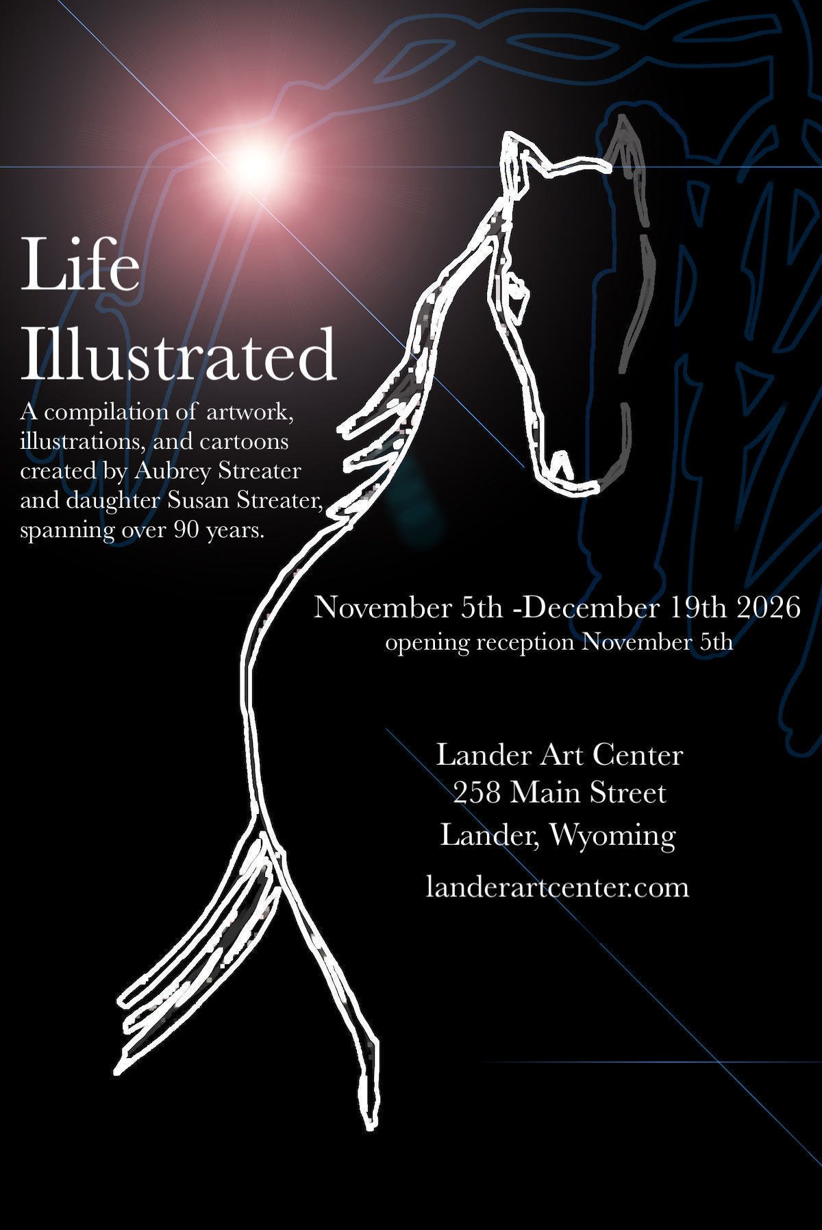 Poster for Life Illustrated: a white line drawing of a horse's head and flowing mane on a black ground