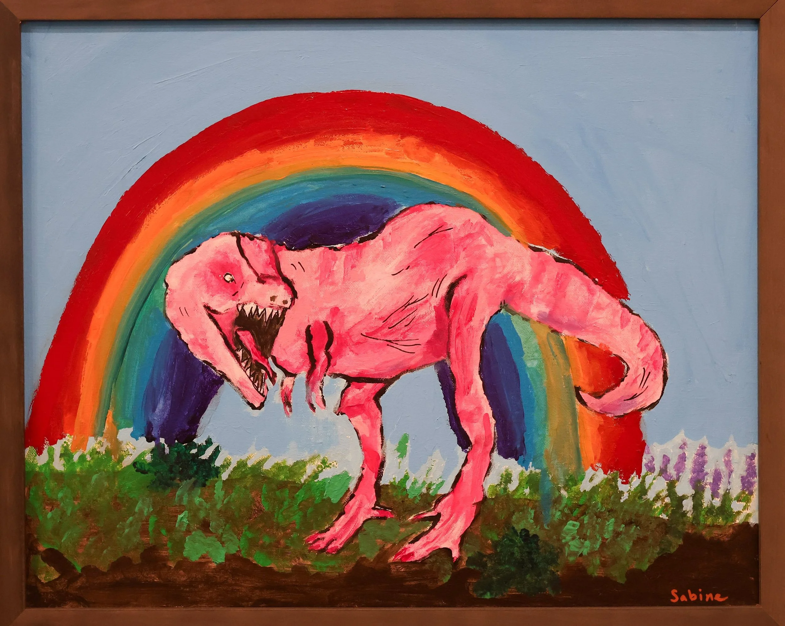A framed painting of a pink tyrannosaurus in front of a rainbow
