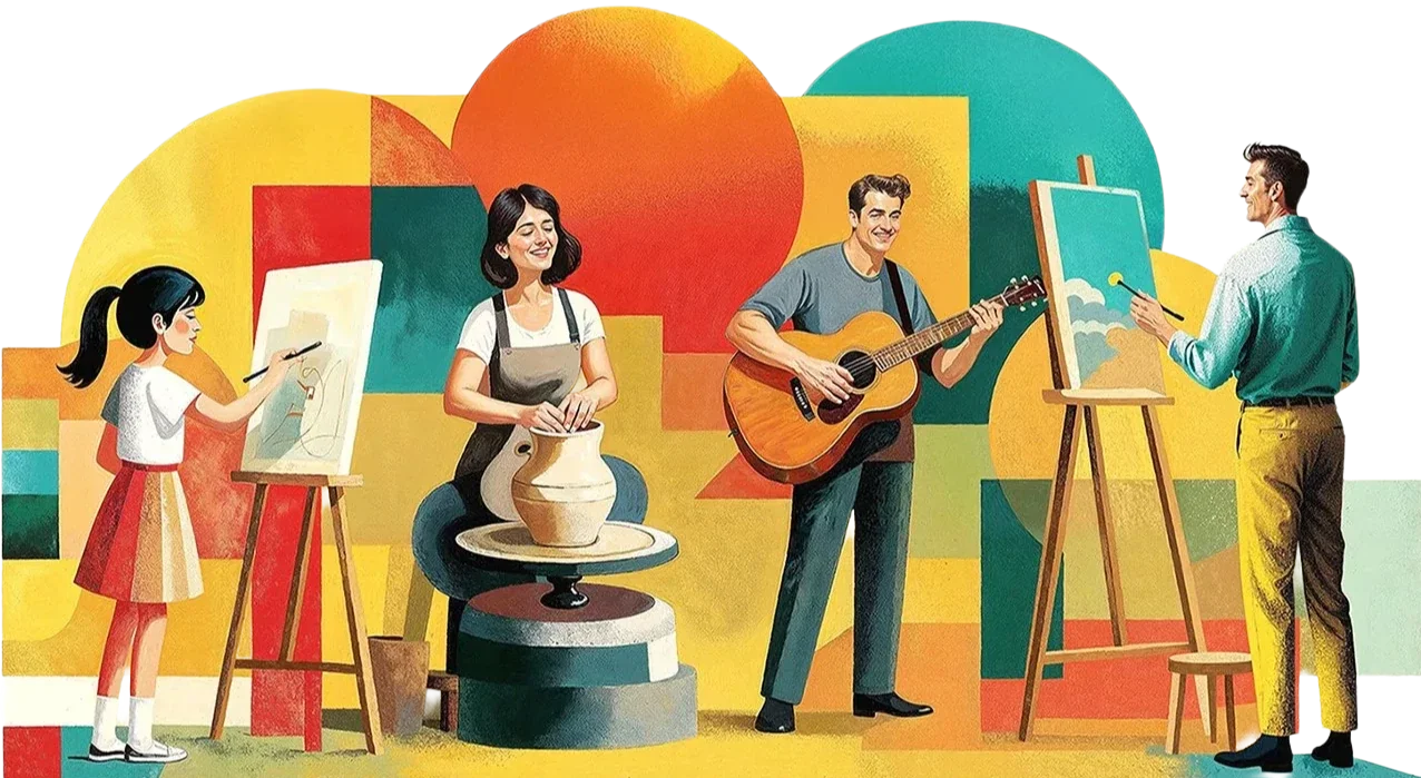 Illustration of a girl drawing, a woman throwing a pot, a man playing guitar, and a man painting at an easel