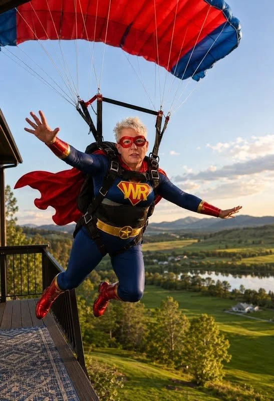 Heather Huberty in a superhero costume with a red cape and mask, airborne under a red and blue paraglider wing above the Lander valley