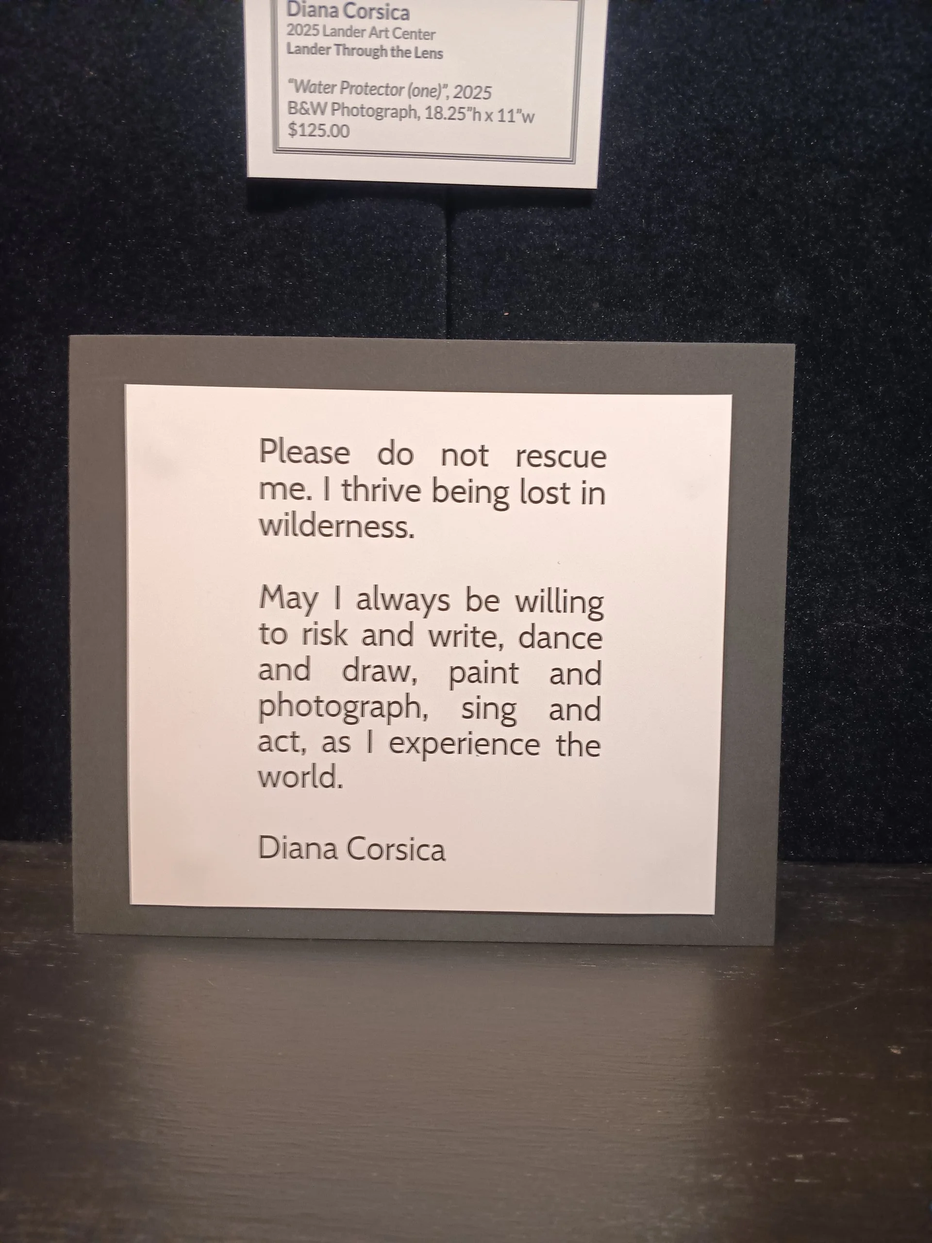 A printed artist statement card on a shelf below an exhibition label for a black and white photograph