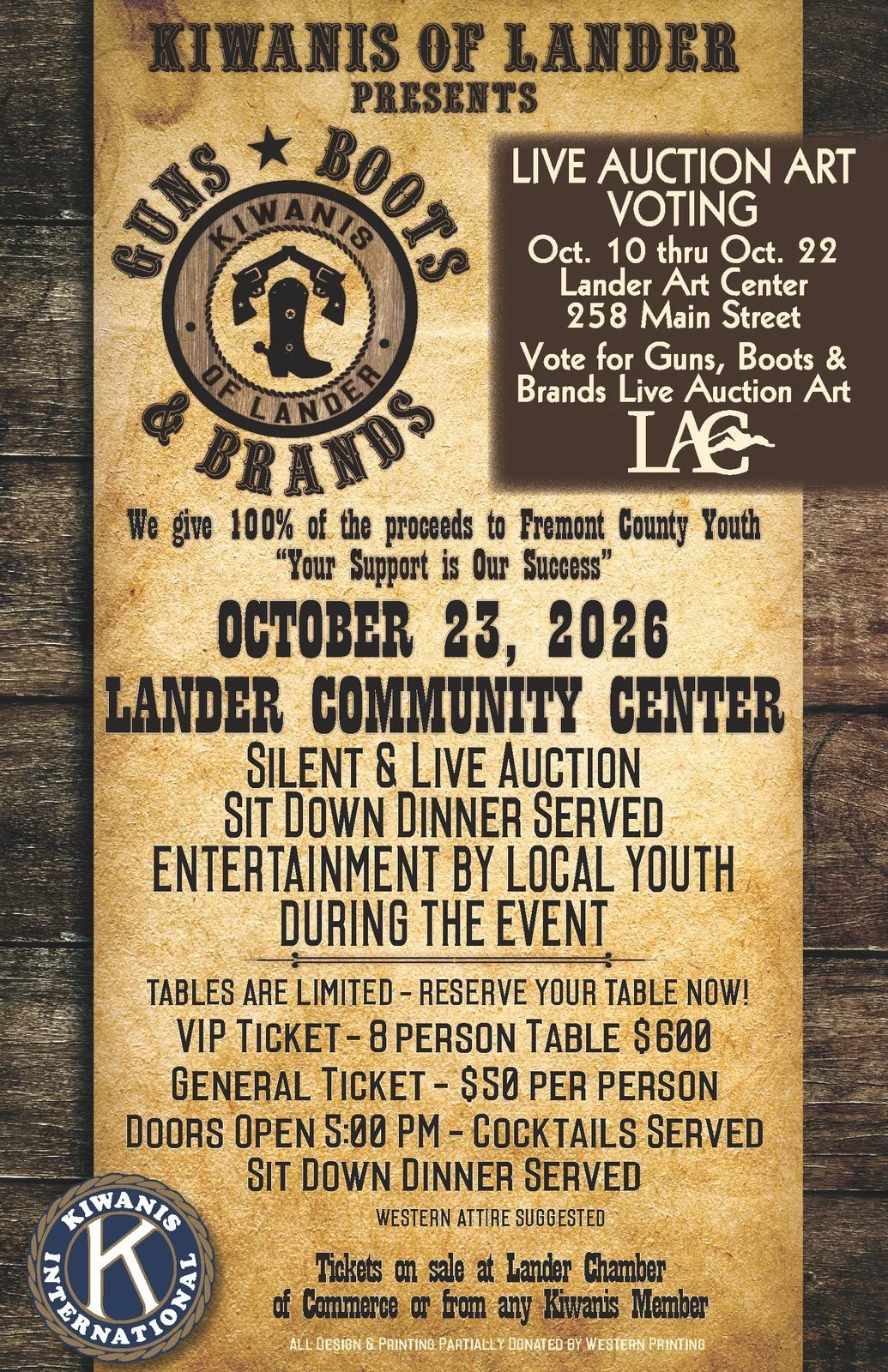 The Guns, Boots and Brands poster for October 23, 2026 at the Lander Community Center, with art voting October 10 to 22 at LAC
