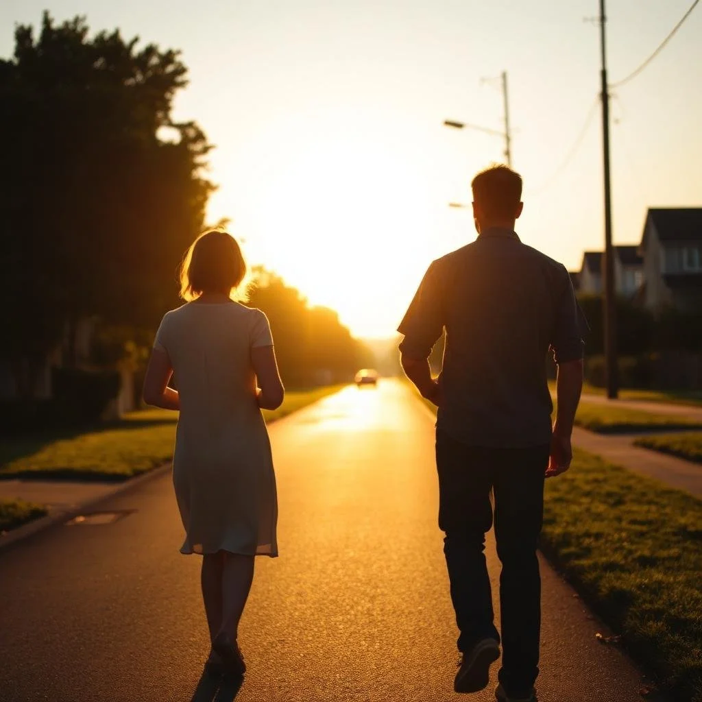 A couple walking together at sunset