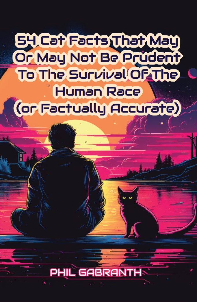 Cover of 54 Cat Facts, showing a person and a cat beside a colorful lake at sunset