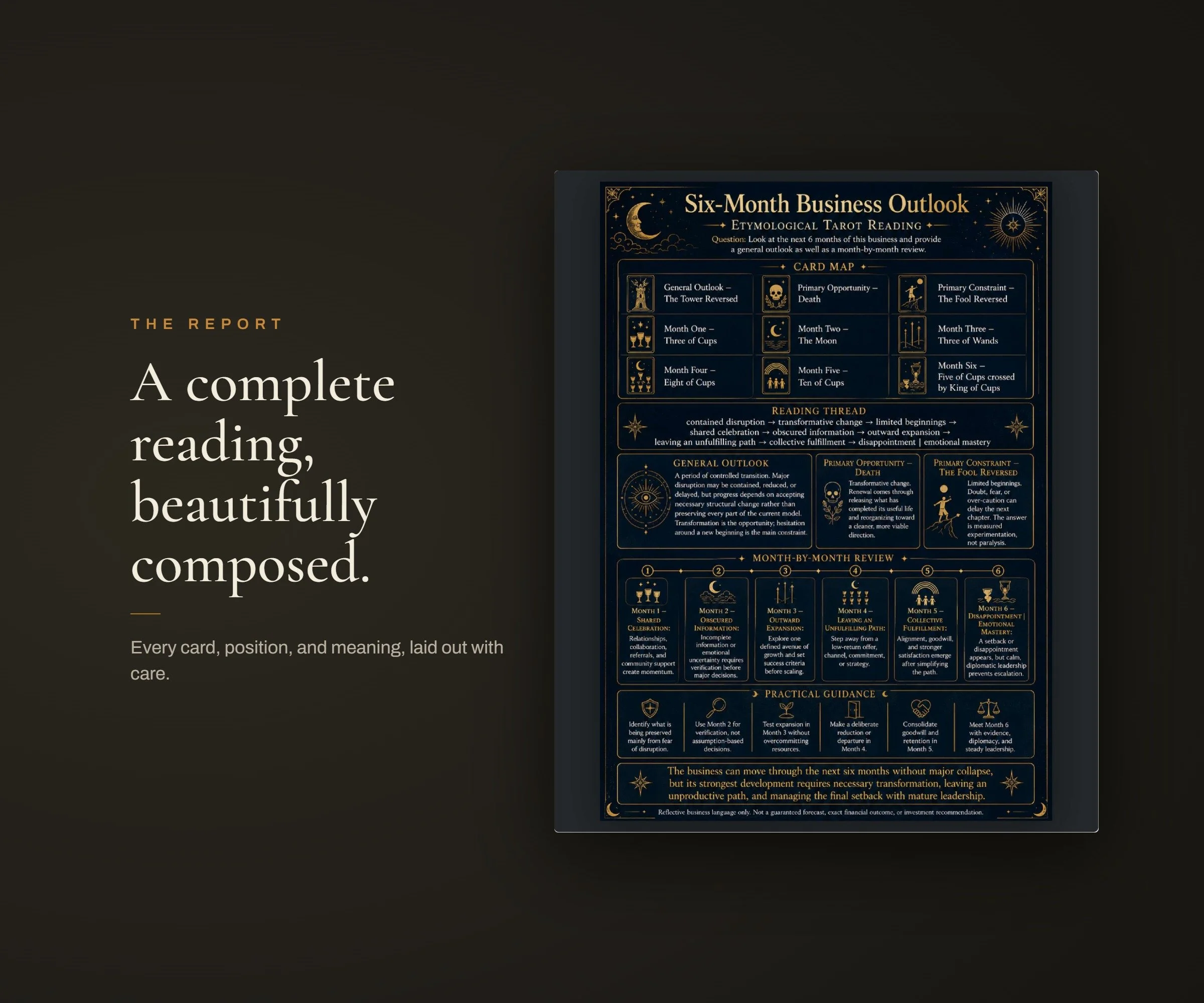 An example Etymological Tarot report laid out with card positions, meanings, and guidance
