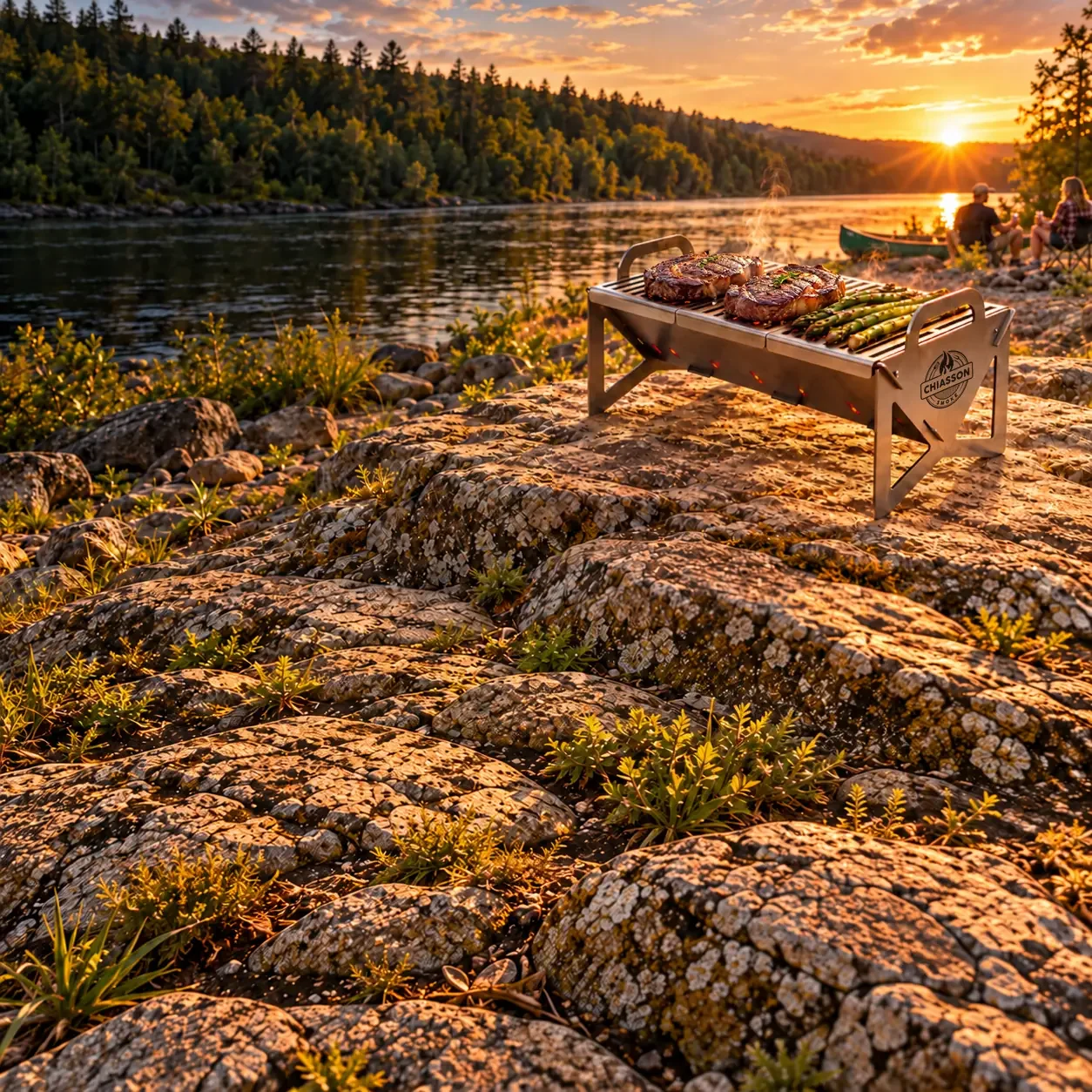 Concept scene: a Hauler grill cooking steaks by a wooded river at sunset