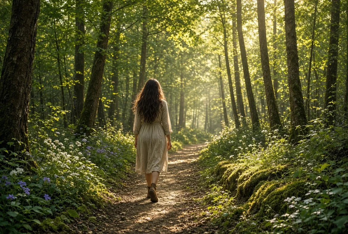 Stop smoking hypnotherapy in Fareham, Hampshire Woman walking a sunlit woodland path, feeling calm and free after stop smoking hypnotherapy in Fareham