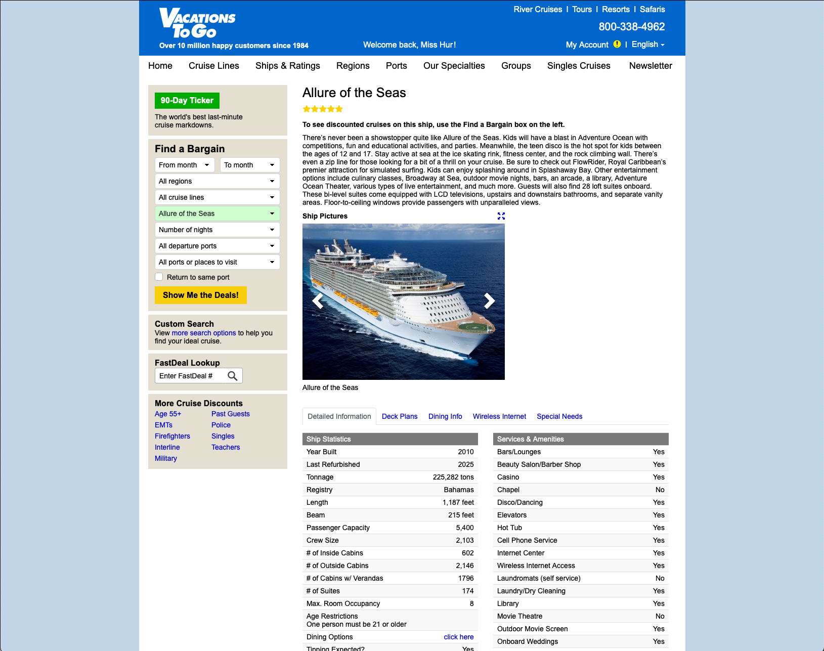 Vacations To Go ship detail page