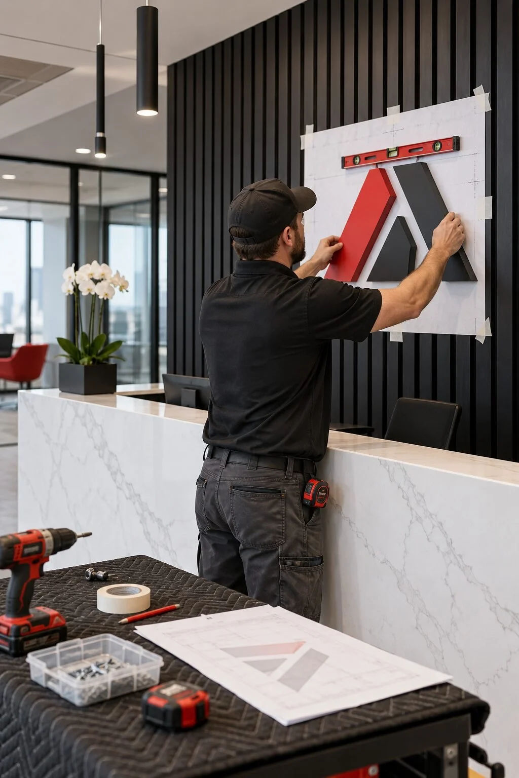 Professional installer aligning dimensional lobby logo elements on a feature wall