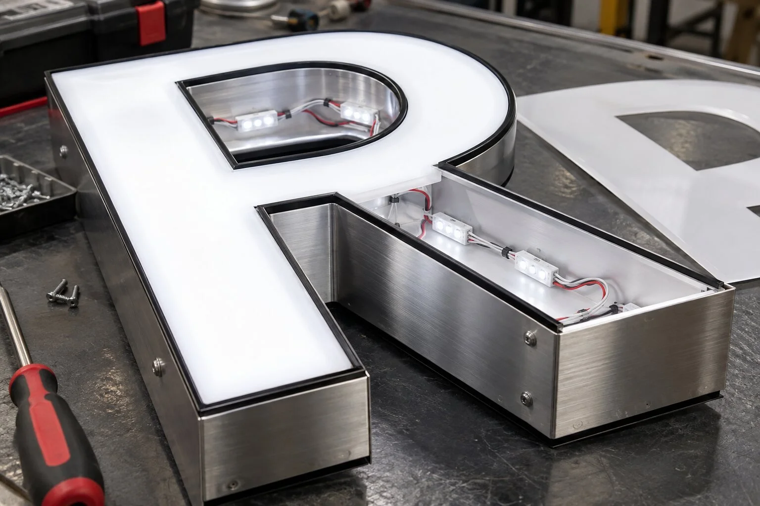 Close fabrication detail of a channel letter with acrylic face and internal LED modules