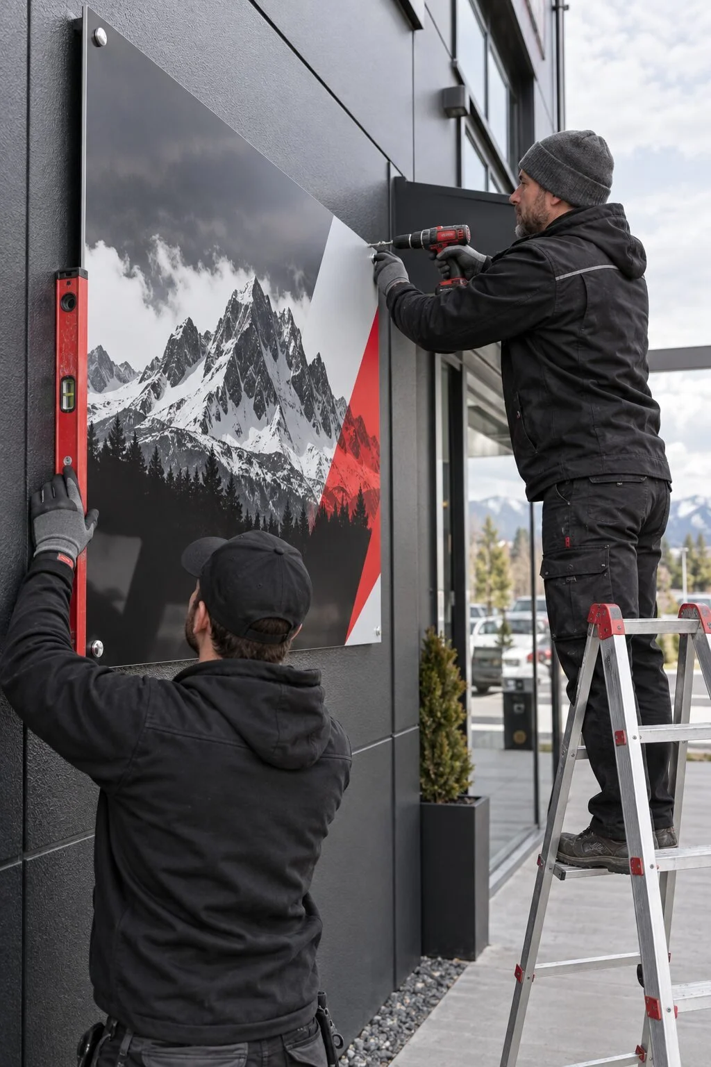 Professional installers mounting a printed Dibond panel on a commercial exterior