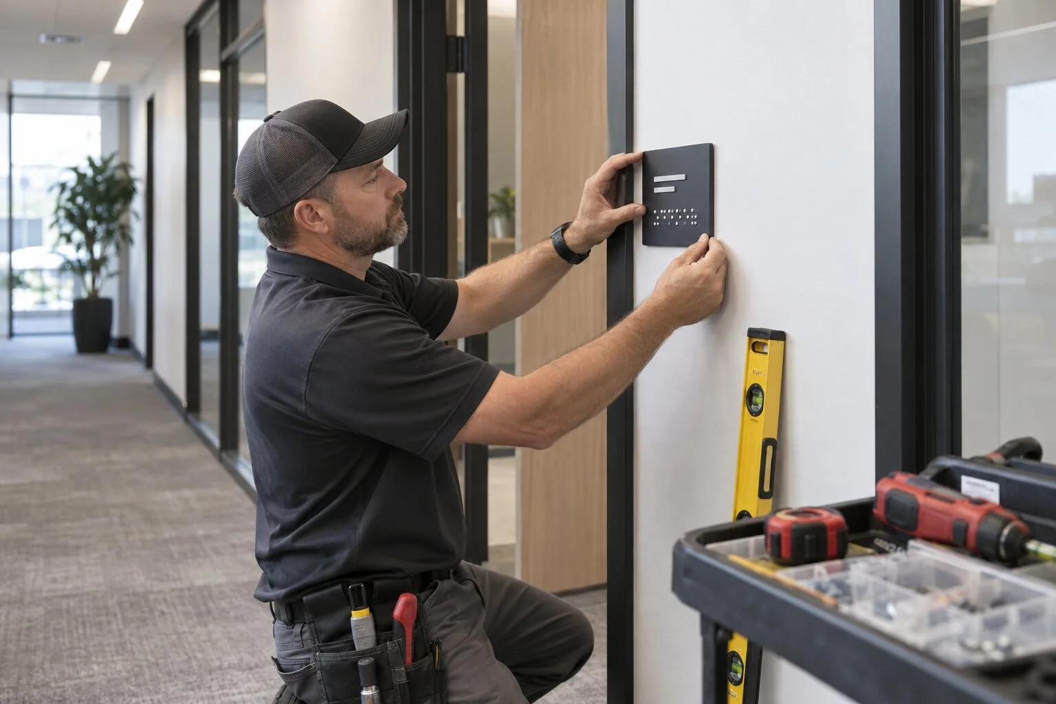Professional installer mounting an ADA room sign beside an office doorway