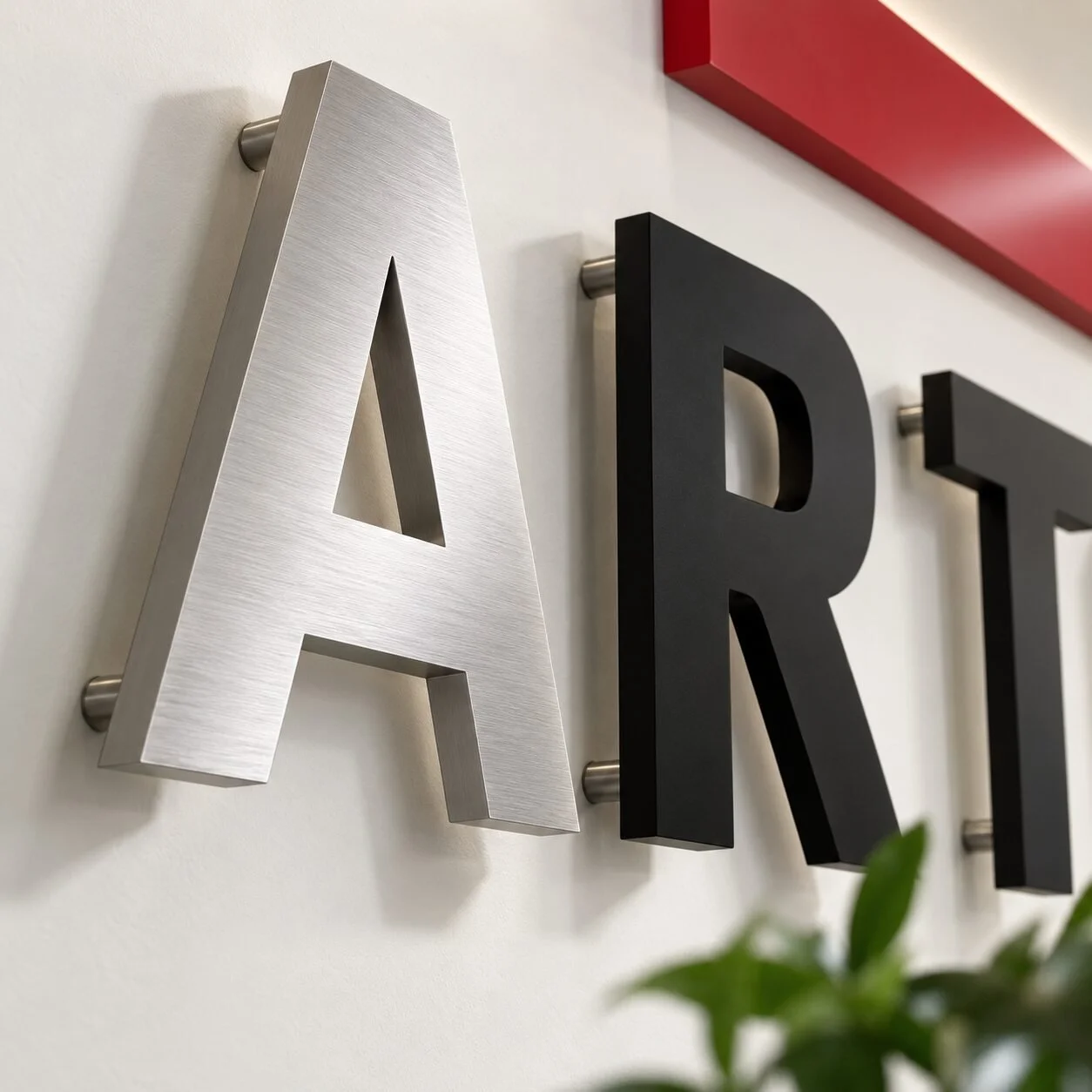 Close detail of brushed aluminum and matte black dimensional letters with standoff mounts