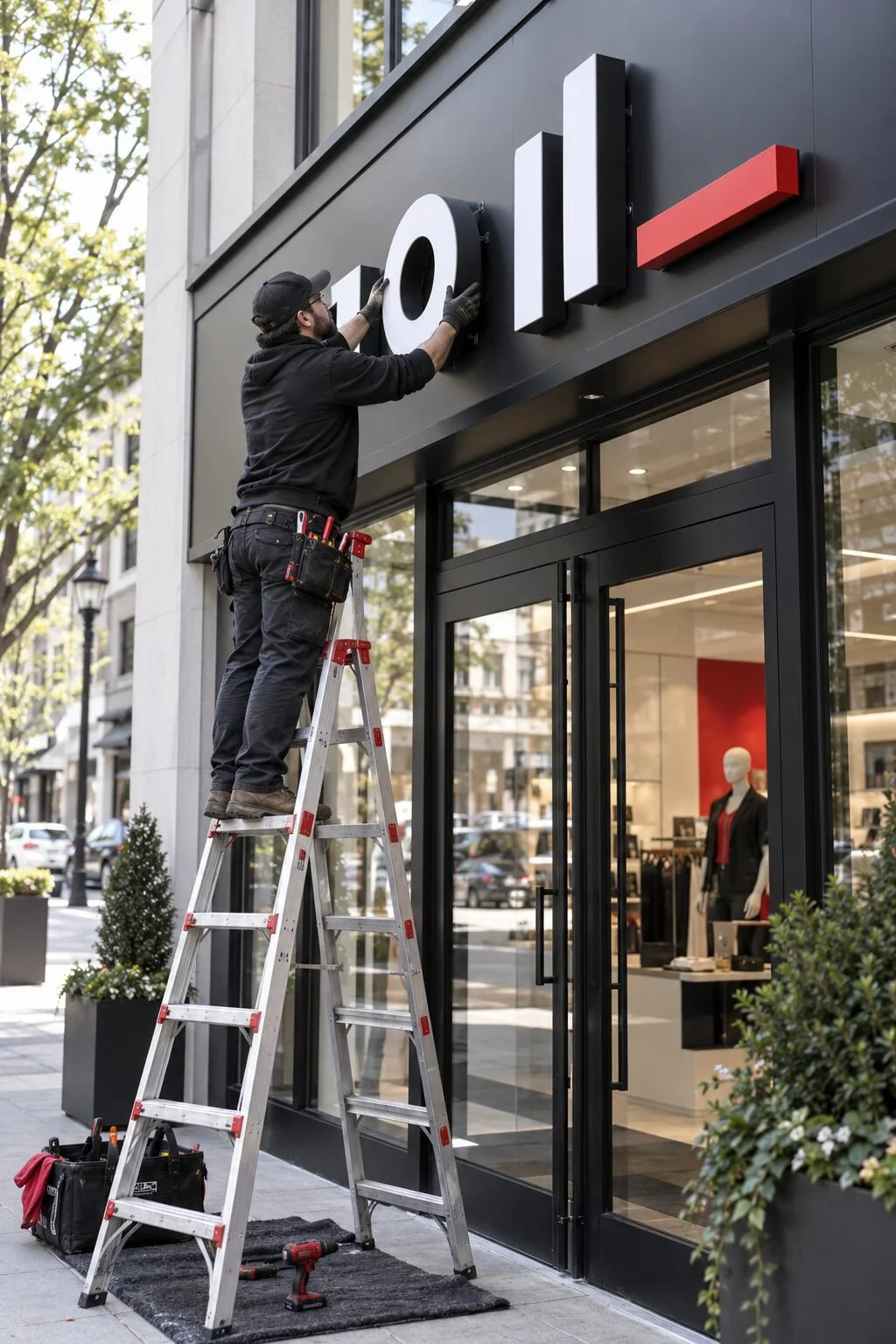 Professional installer mounting dimensional letters above a modern storefront entrance