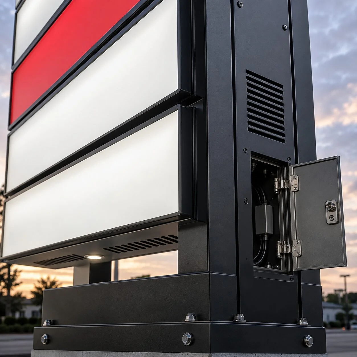 Close detail of illuminated pylon sign panels and weatherproof service access