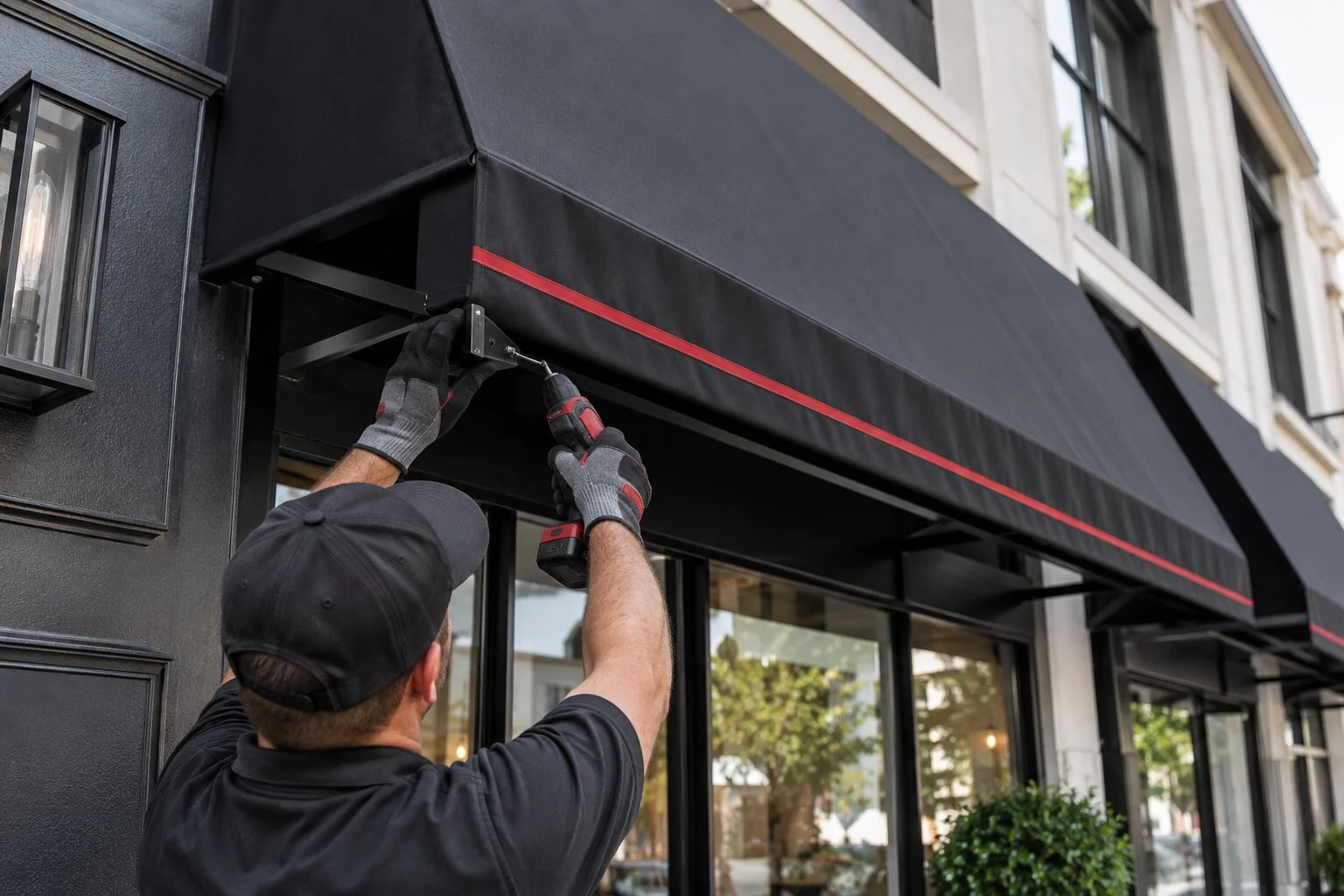 Professional installer fastening a custom fabric awning to a storefront