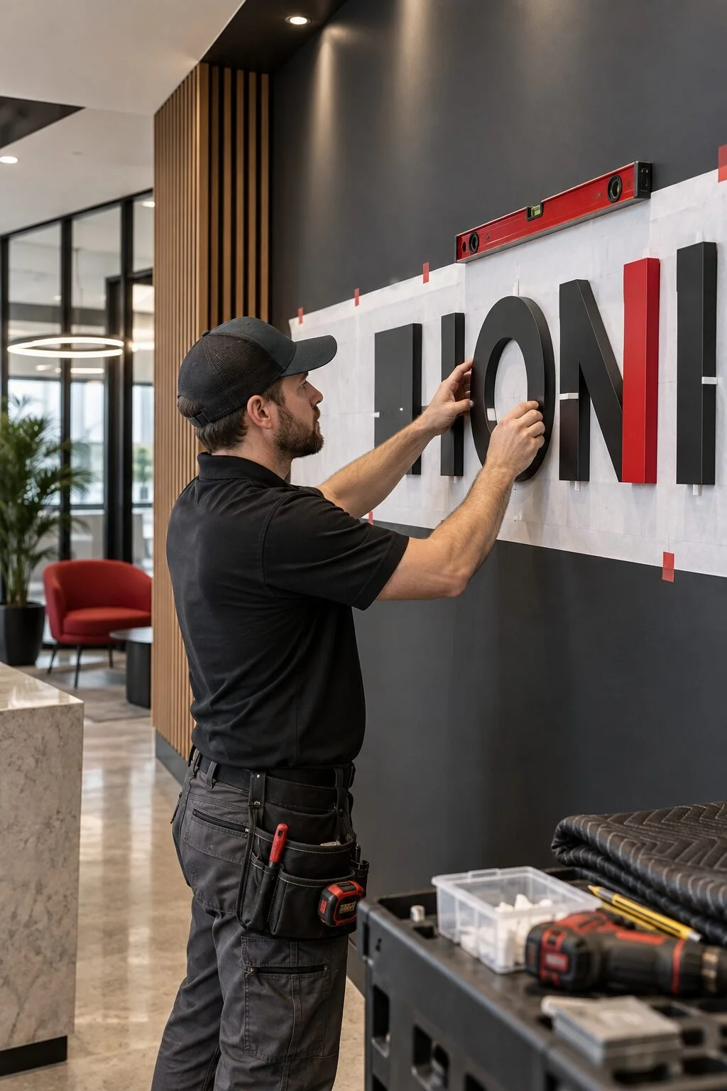 Professional installer positioning dimensional letters using a mounting pattern