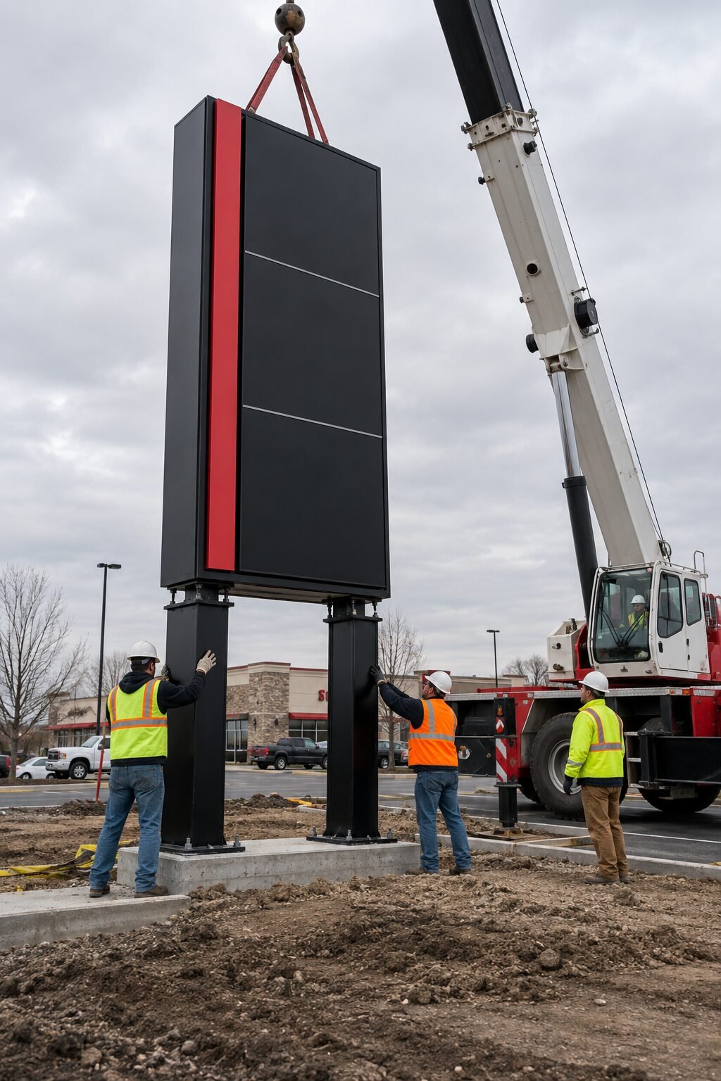 Crane crew installing a tall pylon sign at a commercial property