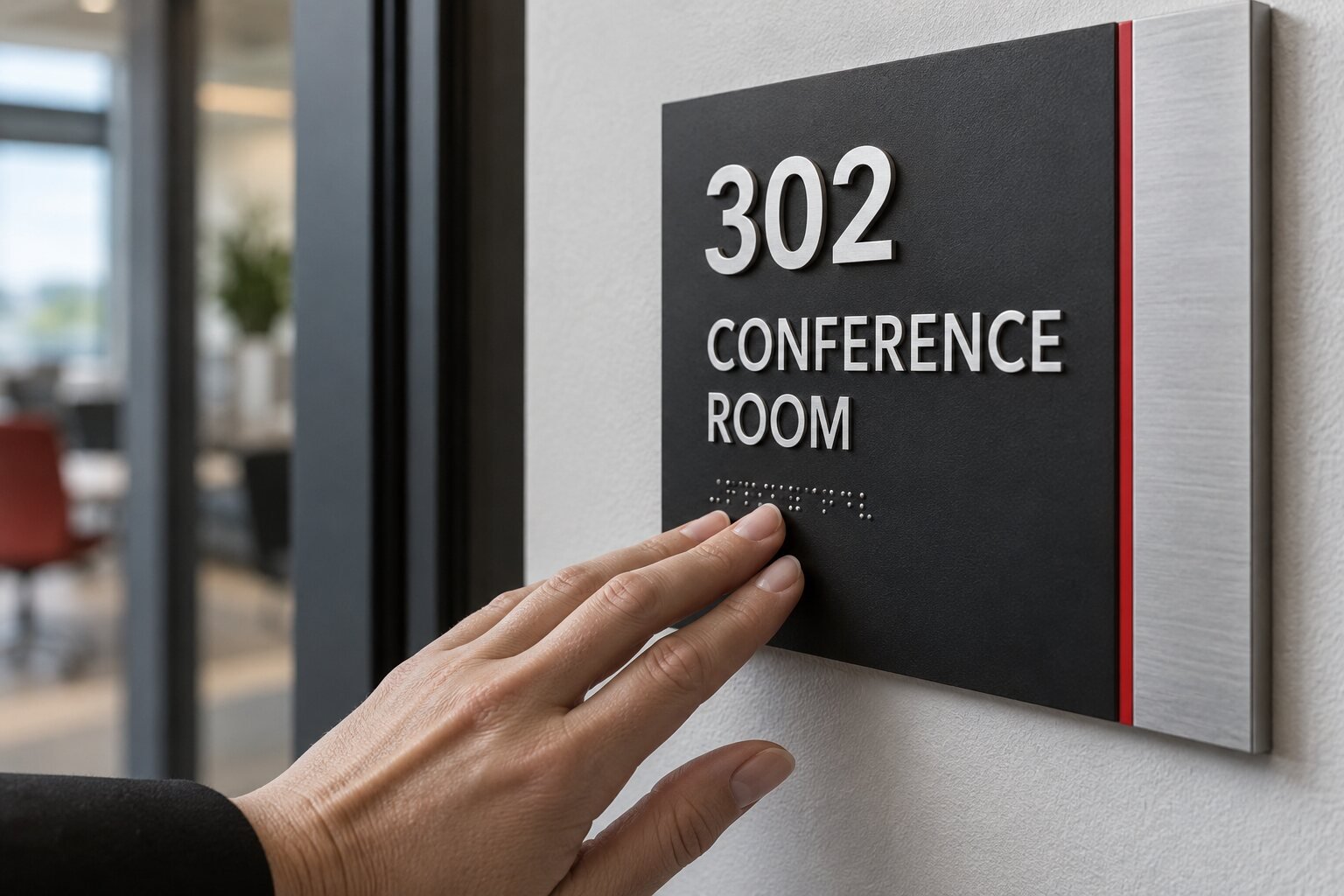 Close detail of raised tactile lettering and braille on a premium ADA sign