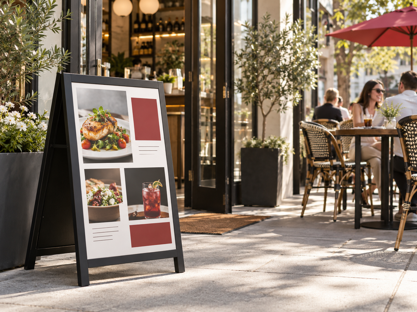 Custom A-frame sidewalk sign outside a restaurant