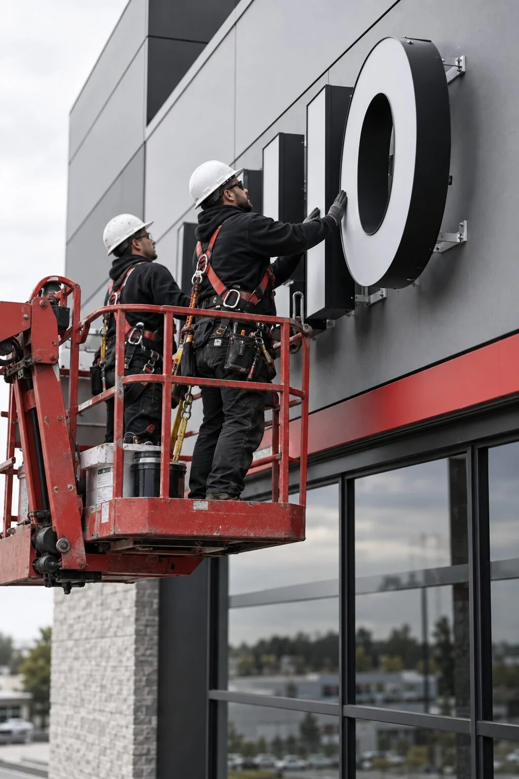 Professional installers mounting dimensional building signage on a commercial facade