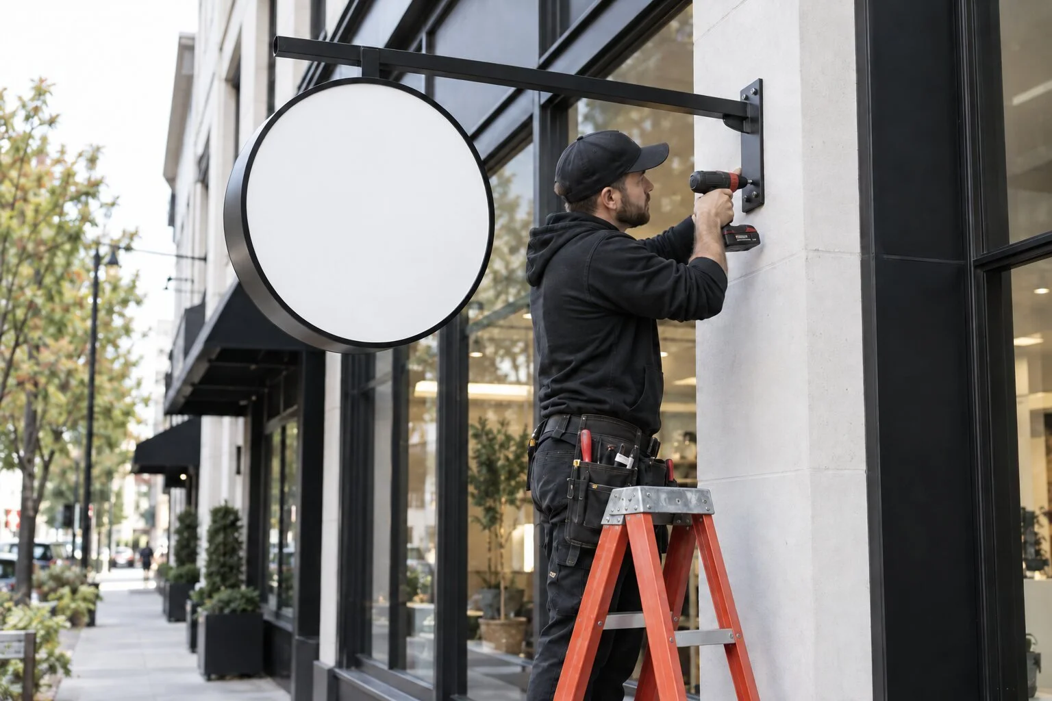Professional installer mounting a projecting blade sign to a storefront facade