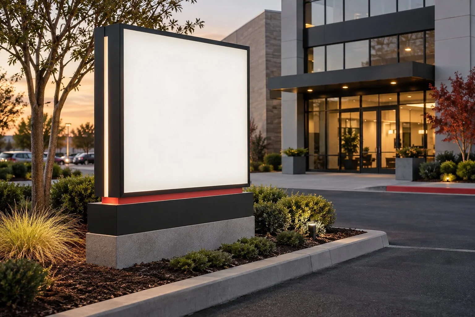 Freestanding illuminated cabinet sign at a landscaped commercial property entrance