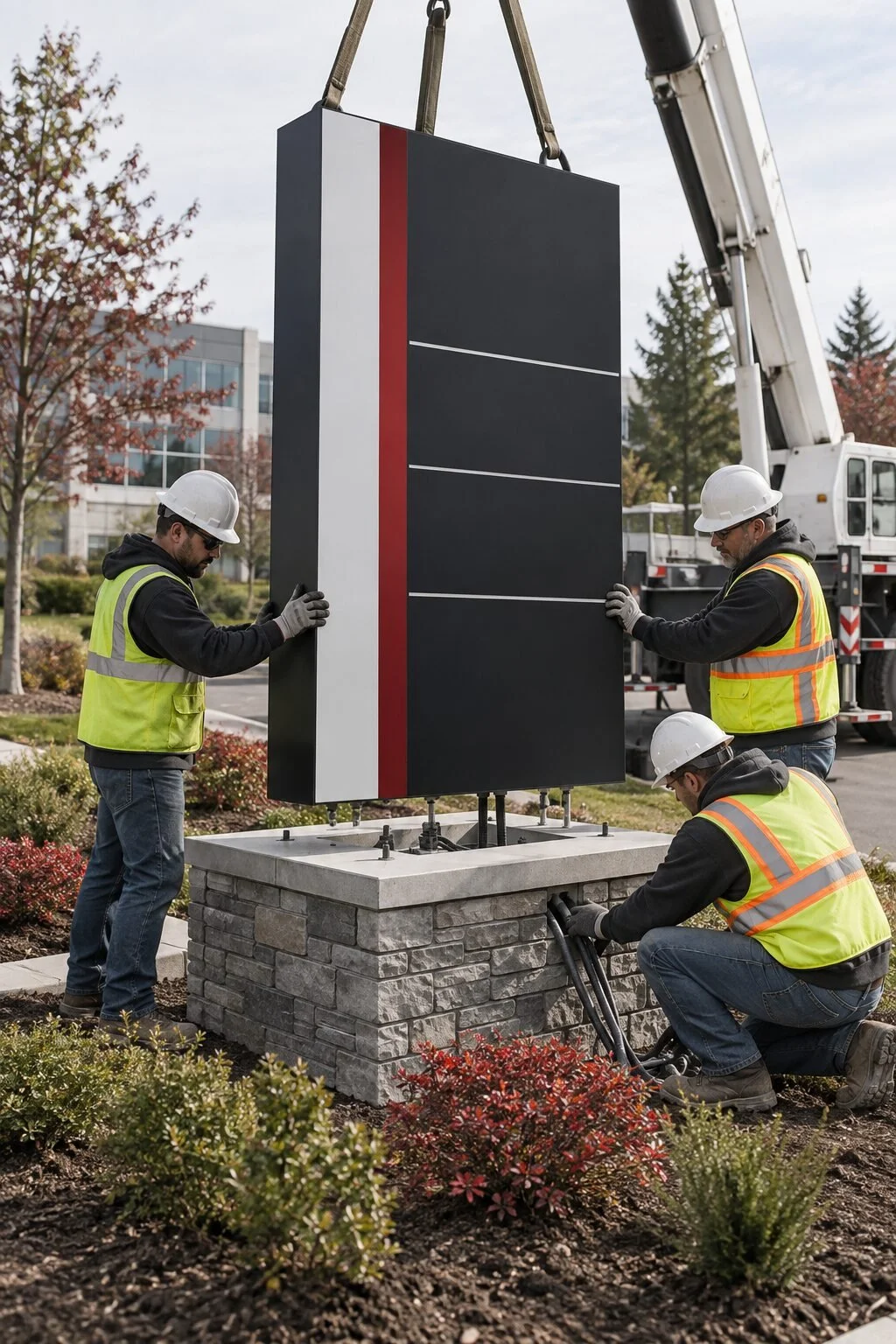 Professional crew installing a freestanding monument sign at a landscaped business entrance