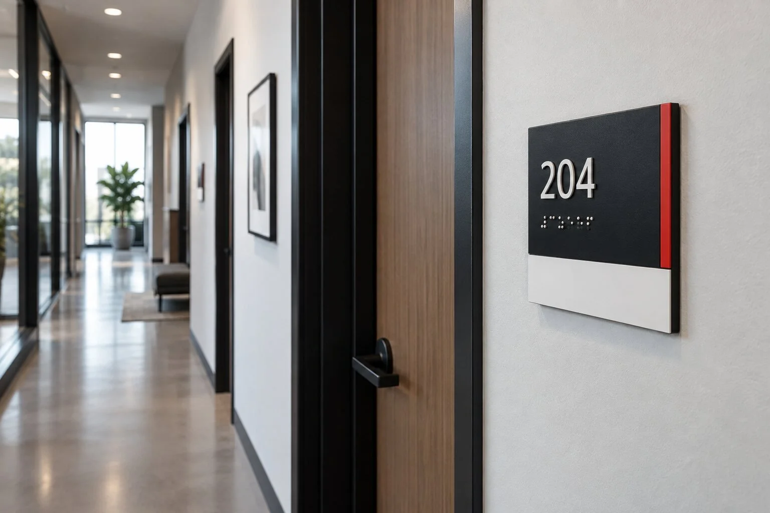 Custom ADA room sign with tactile lettering and braille in a modern office corridor