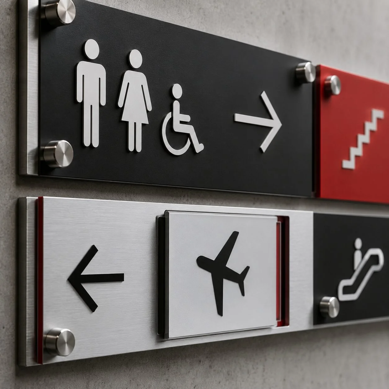 Close detail of modular wayfinding panels with tactile symbols and stainless hardware