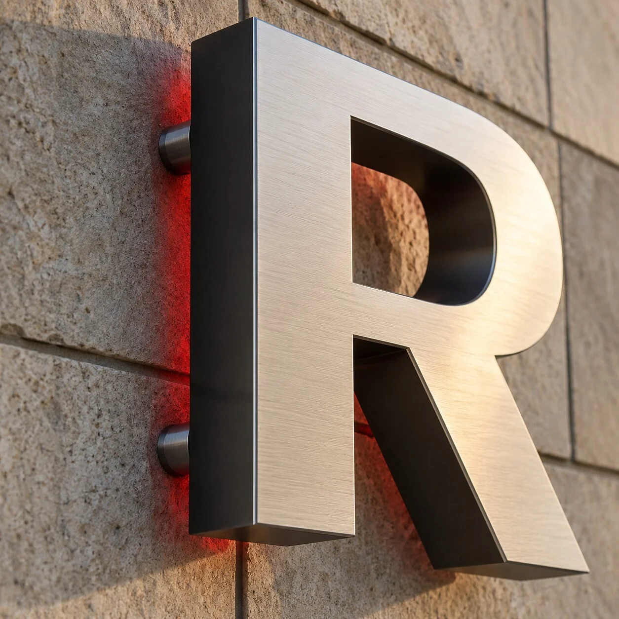 Close detail of fabricated metal building signage with concealed mounting hardware