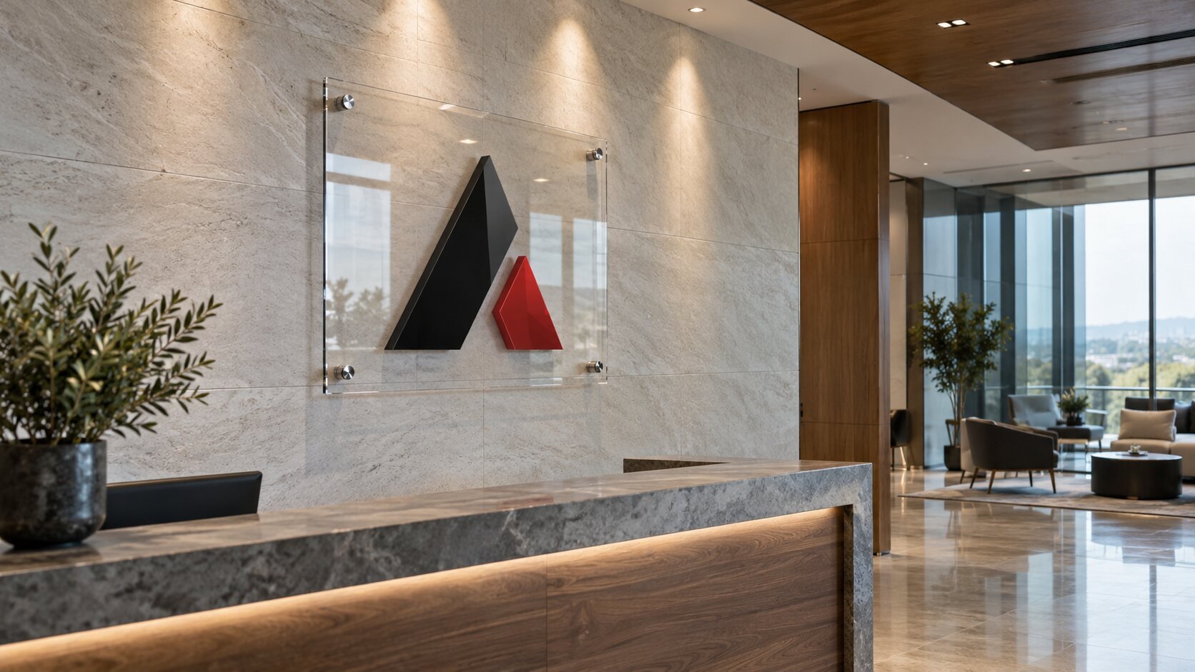 Custom clear acrylic lobby sign with polished standoff mounting in a modern office