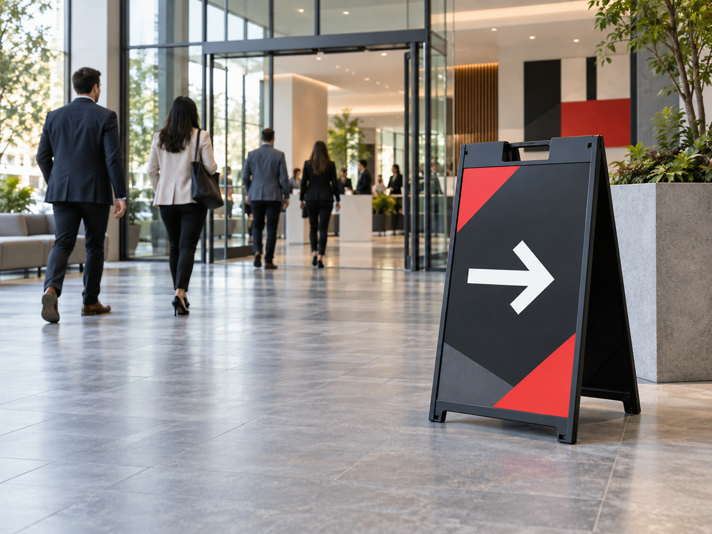 A-frame directional sign at a commercial event entrance
