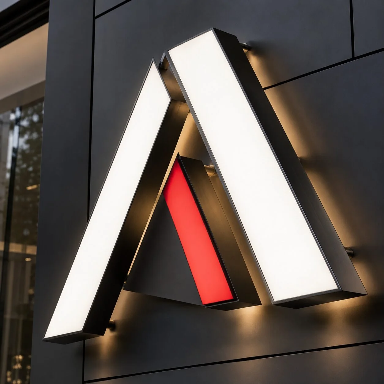 Close detail of illuminated storefront letters with precision metal returns