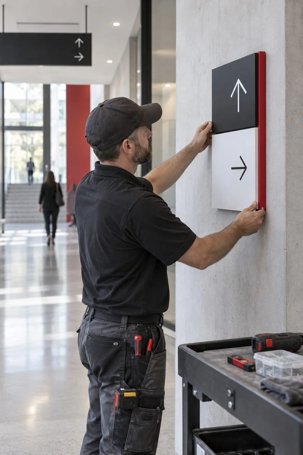 Professional installer mounting a modular directional sign in a modern public corridor