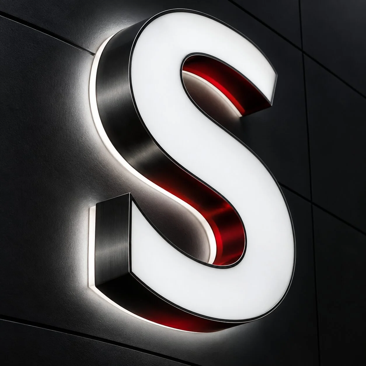 Close detail of illuminated sign construction with acrylic face and LED lighting