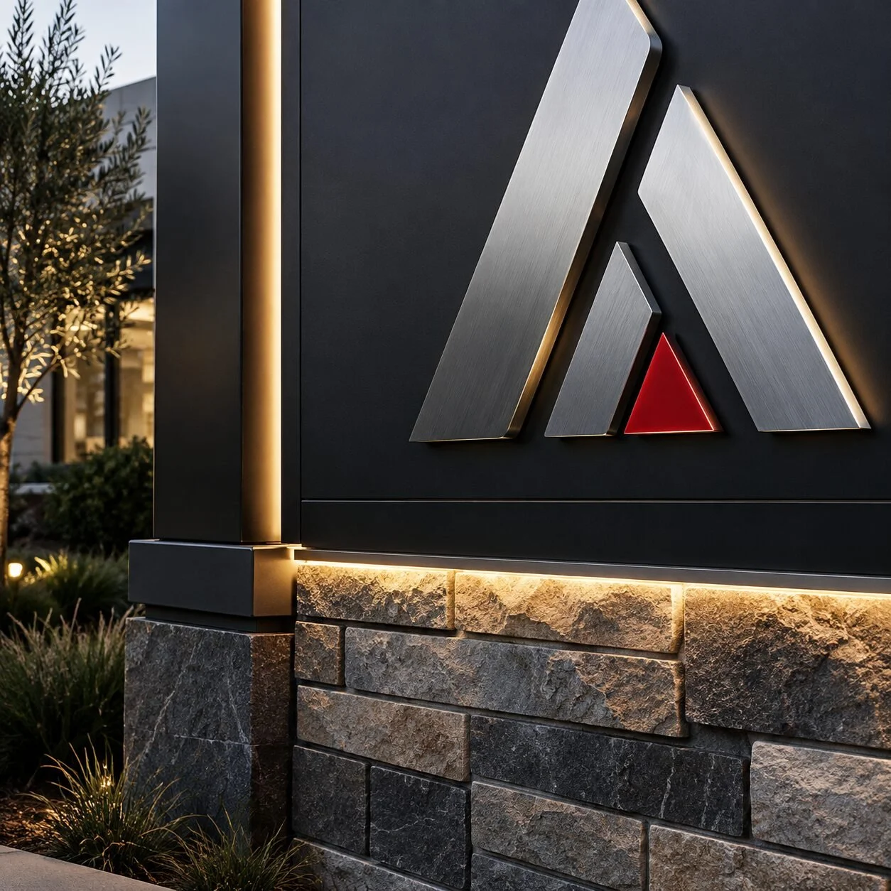 Close detail of illuminated metal monument signage on a stone masonry base