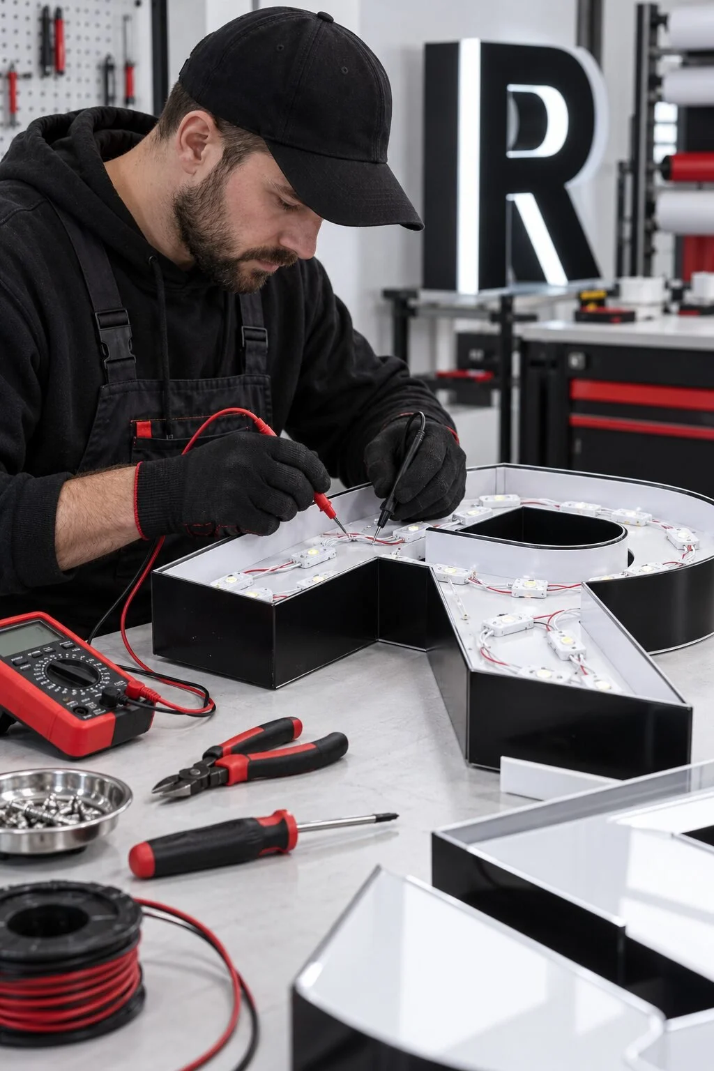 Technician testing and wiring LED modules inside a fabricated sign letter