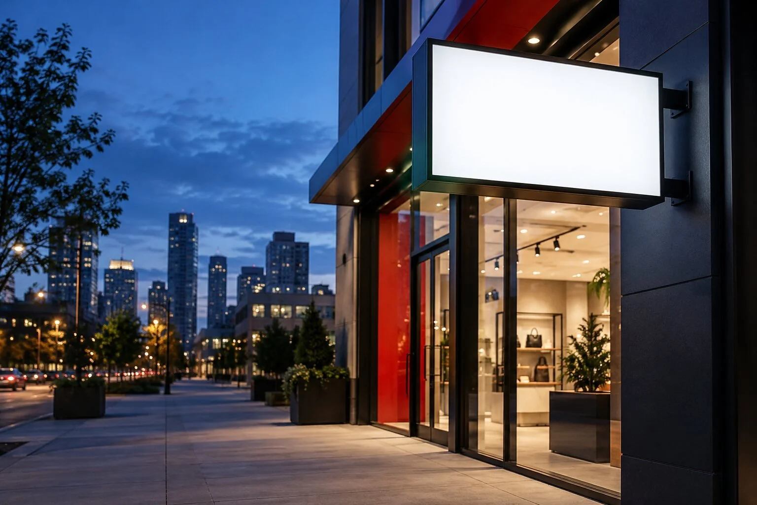 Illuminated cabinet sign mounted on a modern commercial storefront at blue hour