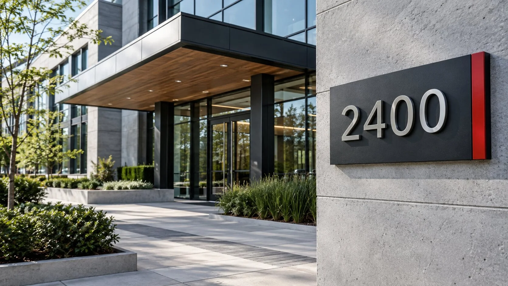 Custom building address numerals installed on a modern commercial facade