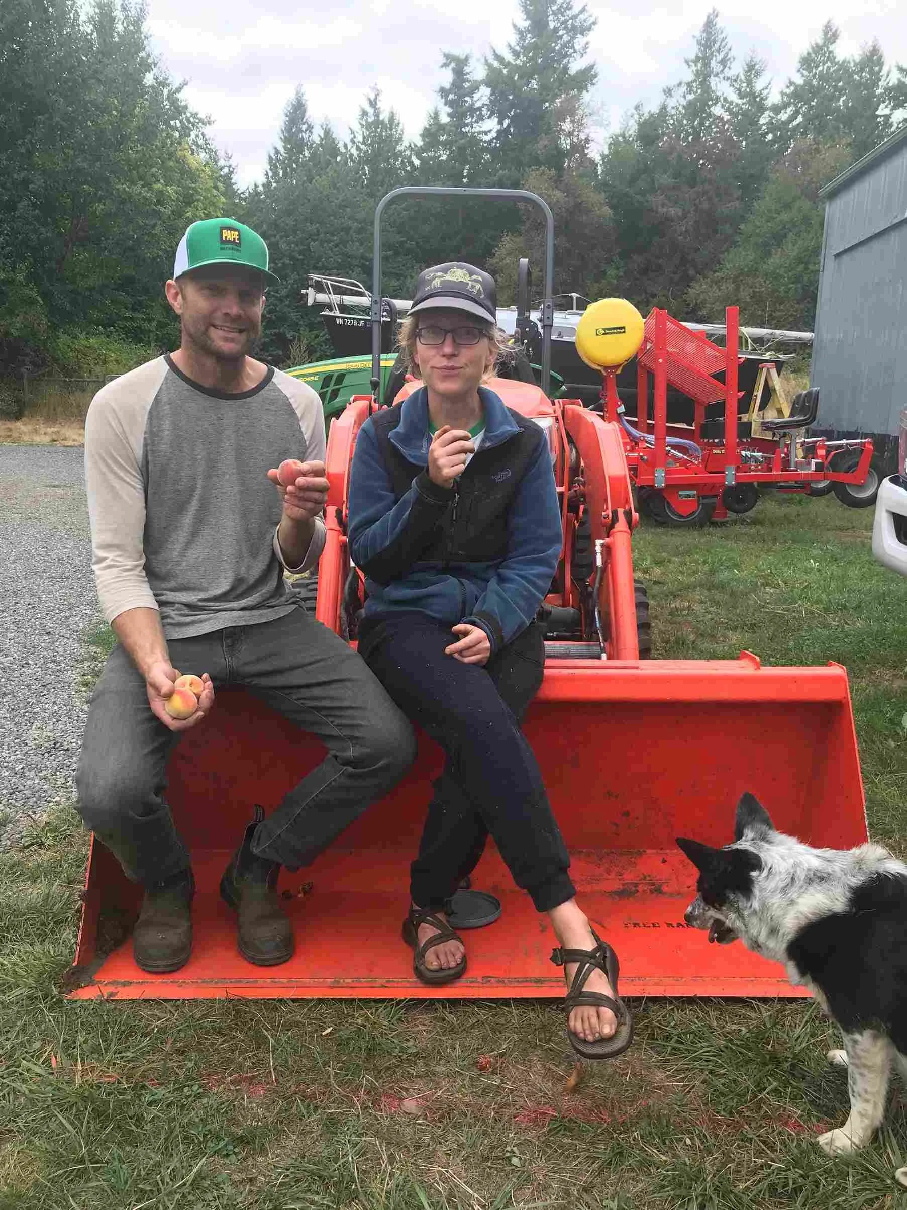 farmers sitting on a tractor bucket at free range flowers bellingham with farm equipment and evergreen trees in the background