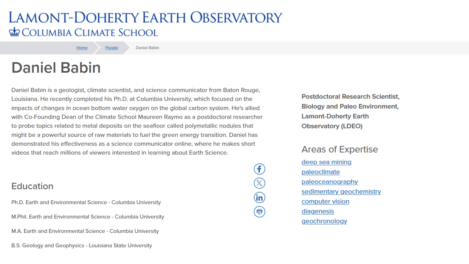 Daniel Babin's researcher profile on the Lamont-Doherty Earth Observatory website